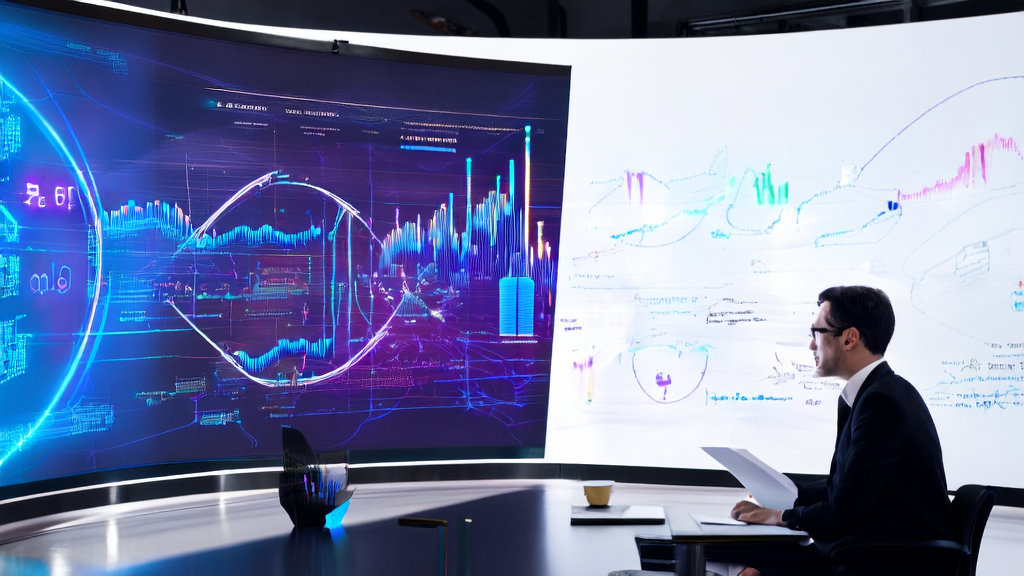 In a modern office, data analysts monitor AI-optimized advertising data on large screens, showcasing strategies for precise audience targeting and reducing CPA.