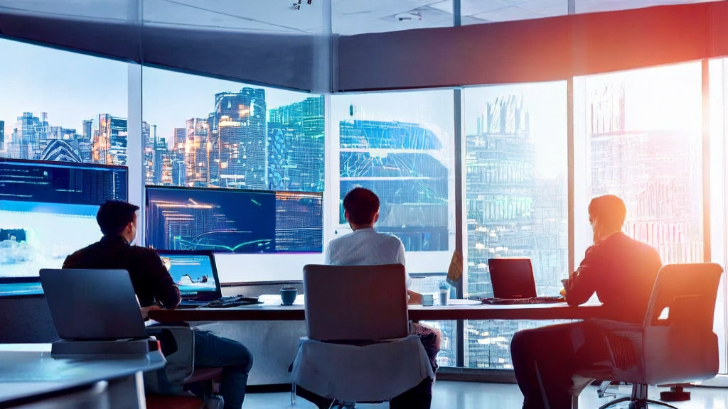 Engineers in a modern office using AI technology to optimize advertising targeting, enhancing precision and reducing CPA costs