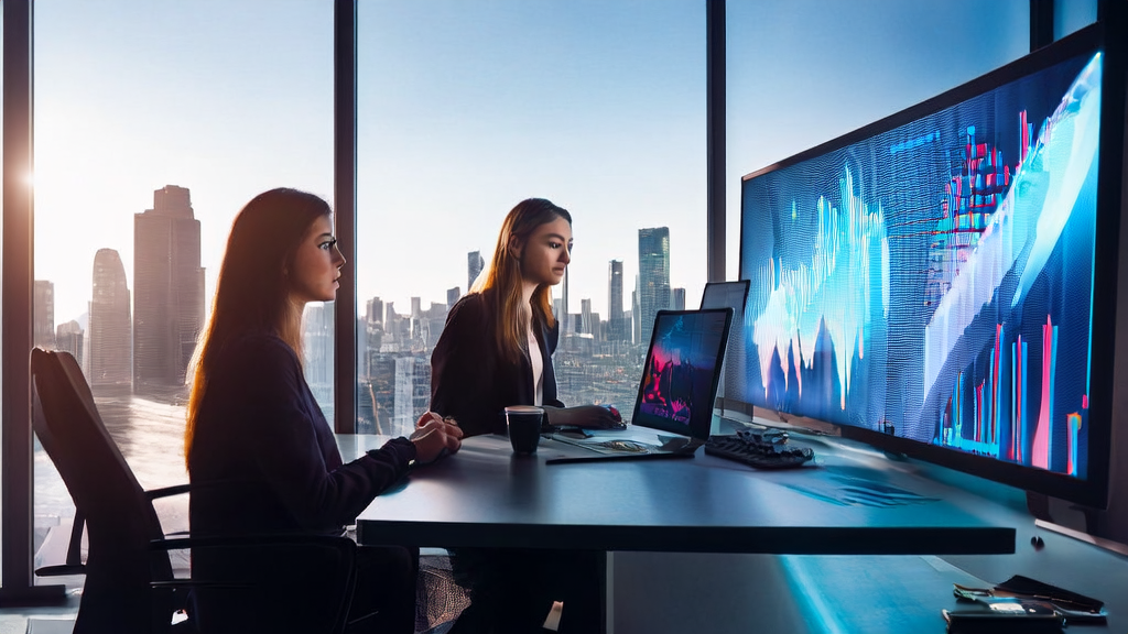 An advertising planner analyzing AI-optimized ad targeting using Windsurf Wave13 in a high-tech office environment