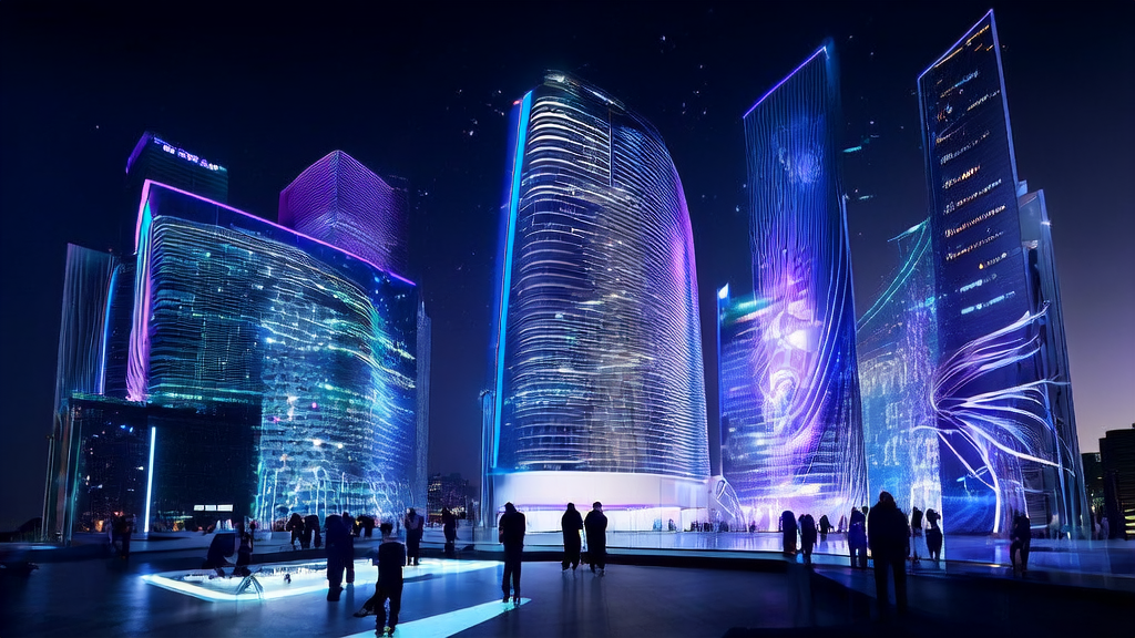 In a futuristic city, an advertising team uses AI technology to optimize ad targeting, reaching the target audience precisely and reducing costs.