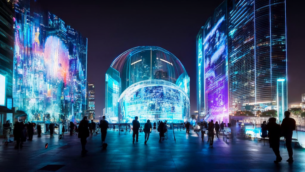 AI-optimized advertising in a futuristic city, precisely targeting audiences and reducing CPA