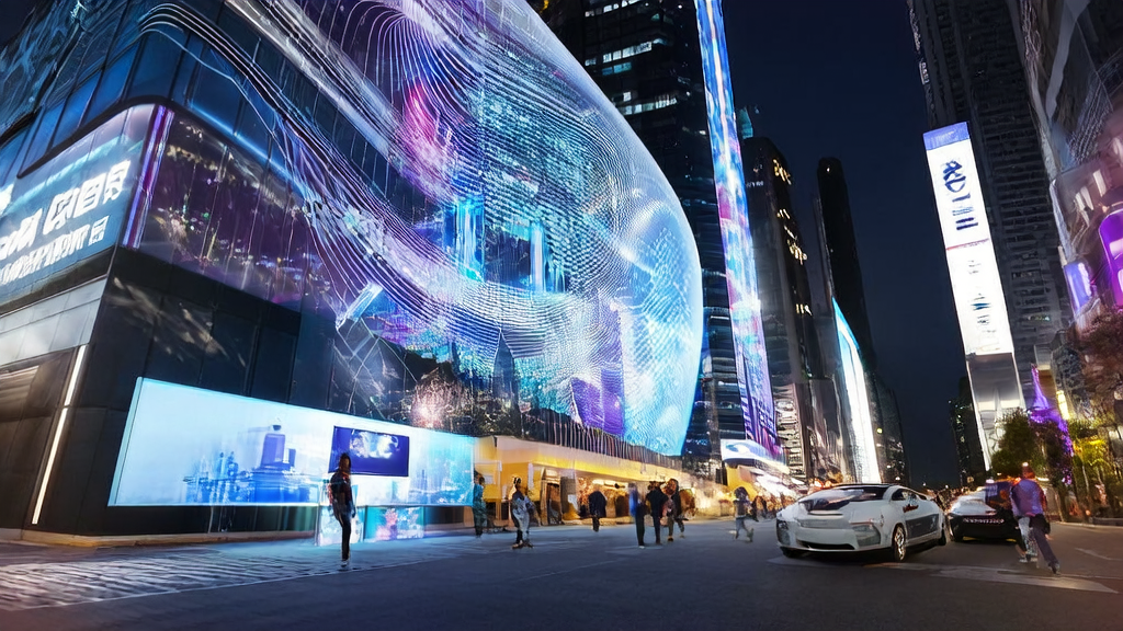 城市夜景中的智能广告牌和虚拟助手，展示AI优化广告投放的技术应用