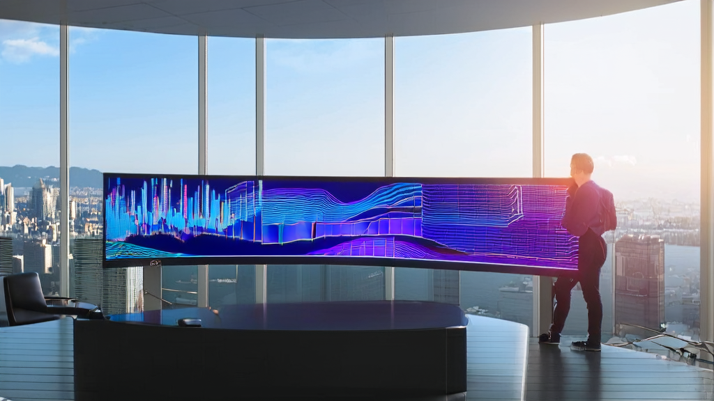 Data analysts in a modern office using AI technology to optimize advertising targeting, with bright sunlight outside showcasing the immense business potential of AI.