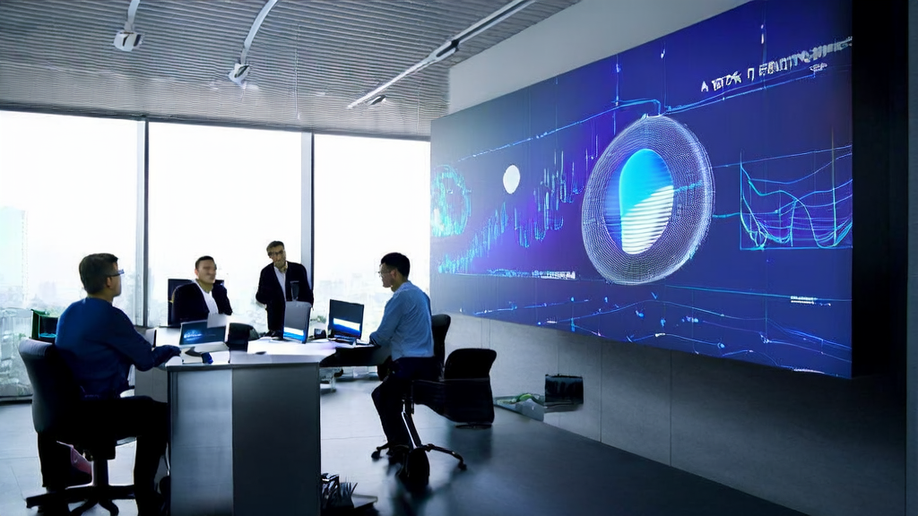 Employees in a modern office discussing AI-optimized advertising strategies, with sunlight streaming through large windows