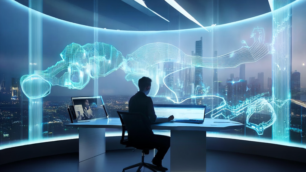 A young advertising planner in a high-tech office using AI technology to optimize ad targeting and reduce CPA