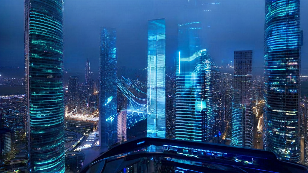 未来城市中的AI优化广告投放控制室，展示精准触达目标人群和降低CPA的技术