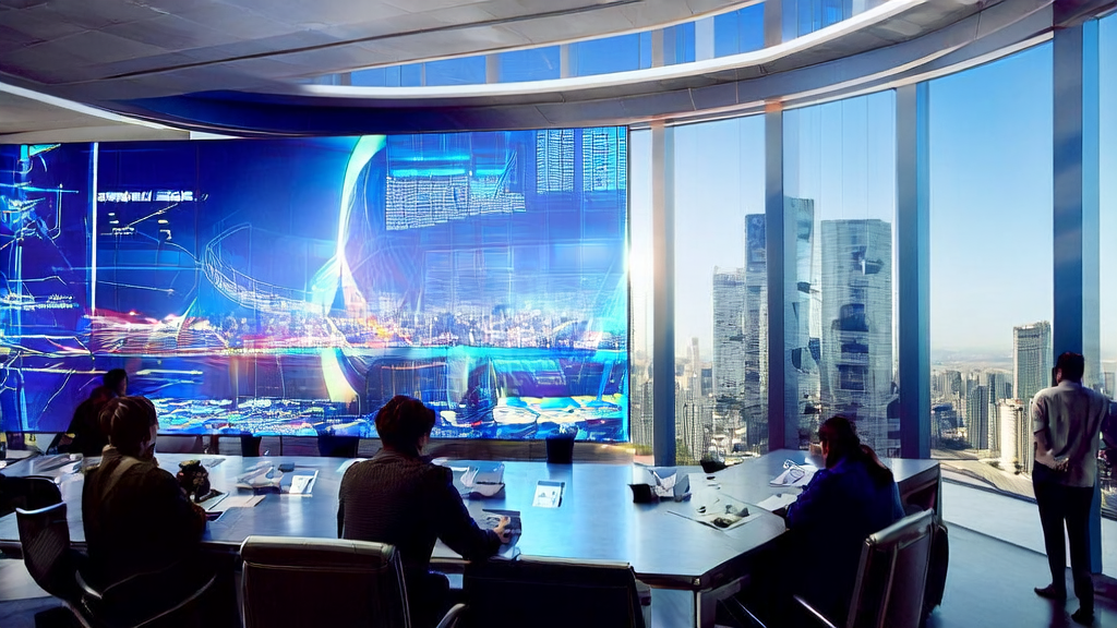 Data scientists in a modern office building use AI systems to analyze advertising data, showing target audience profiles and ad performance charts.