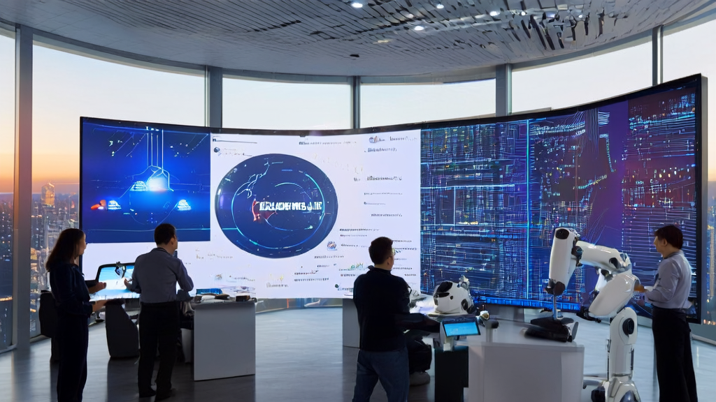 现代化办公室中技术人员讨论AI优化广告投放策略,强调精准触达目标人群和降低CPA,背景为城市景观。