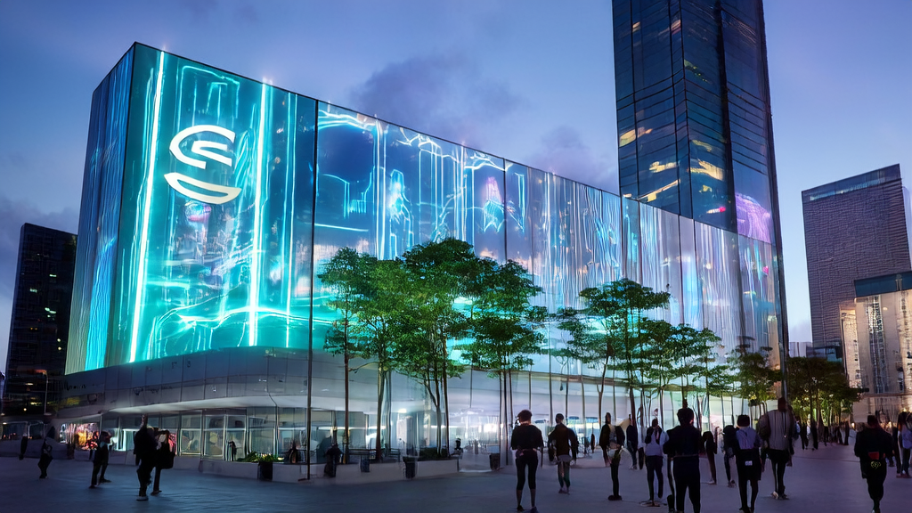 AI-optimized advertising in a futuristic city, showcasing personalized ads and NVIDIA technology