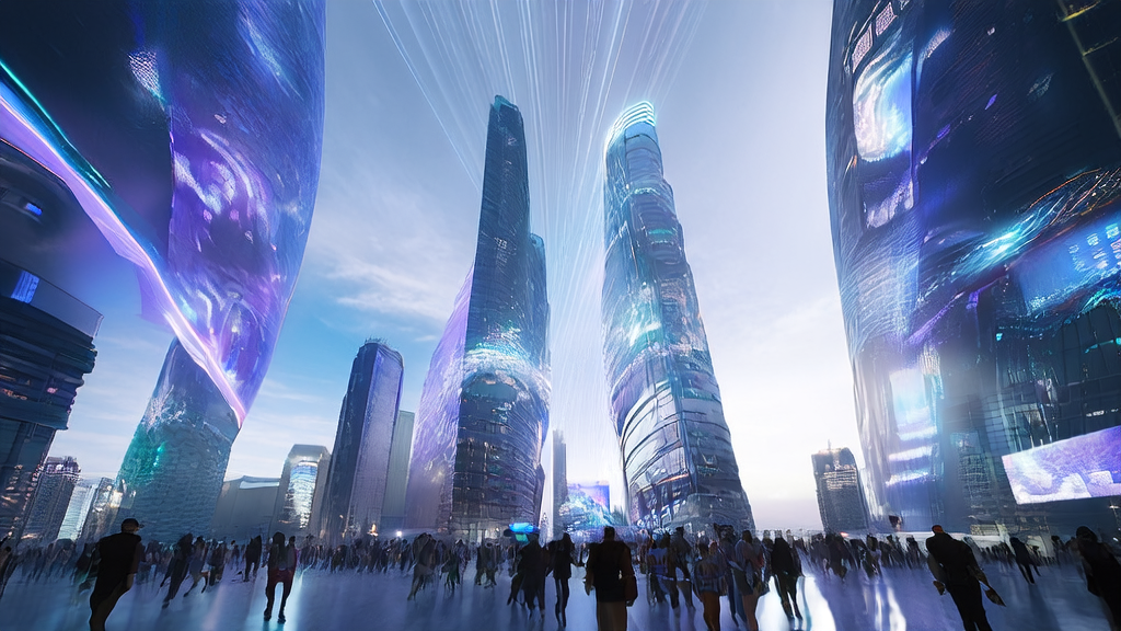 A futuristic city scene showcasing AI-optimized advertising with skyscrapers, smart billboards, and interactive pedestrians