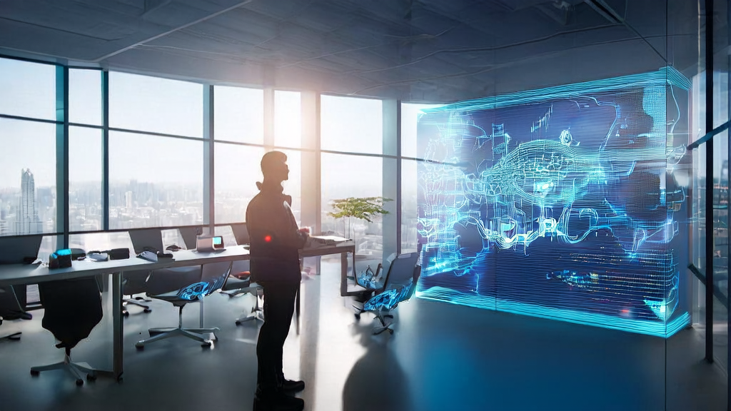 A young entrepreneur in a modern office uses the AI assistant "Ling Guang" to optimize advertising targeting, reaching the target audience precisely and reducing costs.