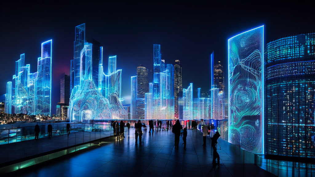 In a futuristic city, an advertising company uses AI technology for precise ad targeting and CPA reduction.