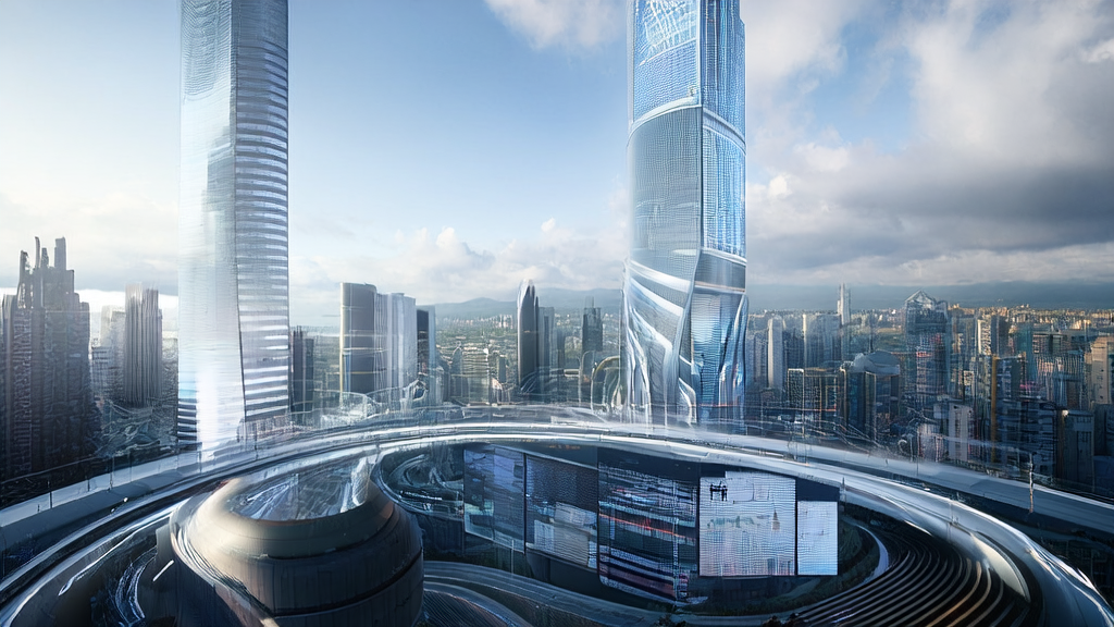 未来城市中的工程师使用AI技术优化广告投放，精准触达目标人群并降低CPA