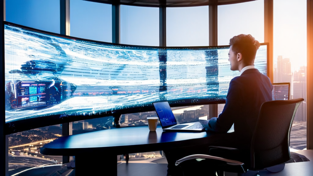 年轻创业者在现代化办公室中利用AI技术优化广告投放,精准触达目标人群并降低CPA