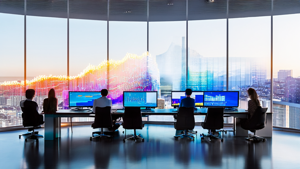 In a modern office, team members are discussing AI-optimized advertising strategies with a heatmap on the wall showing target audience behavior patterns.