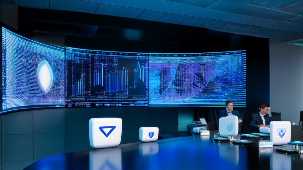 Data analysts optimizing ad targeting with AI in an office, emphasizing privacy protection