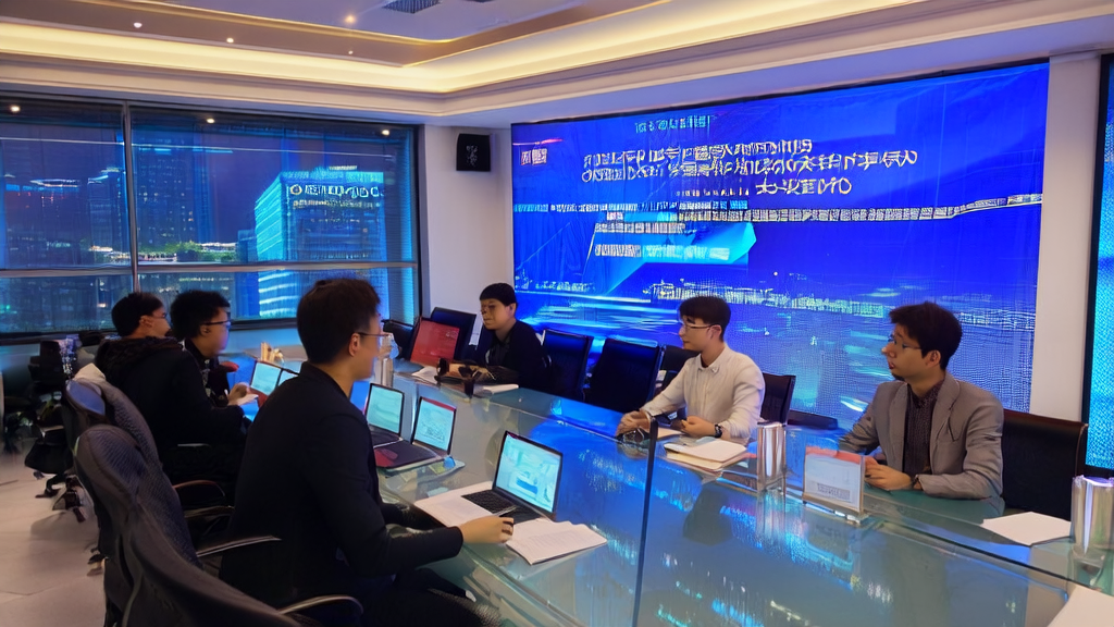In a modern office meeting room, young entrepreneurs are discussing AI-optimized advertising strategies, with a large screen displaying real-time data from the “Nationwide DIY Spark App Competition“.