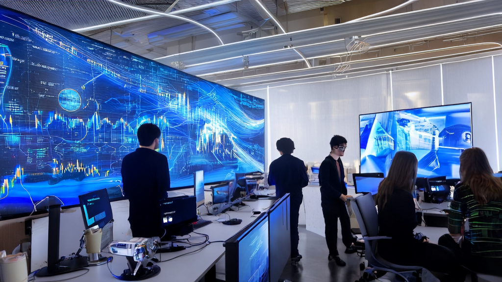 年轻团队在现代化办公室中使用AI优化广告投放策略