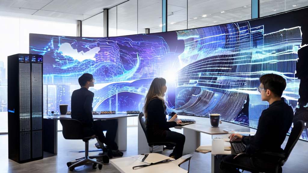 A group of young professionals discussing AI-optimized advertising strategies in a modern office