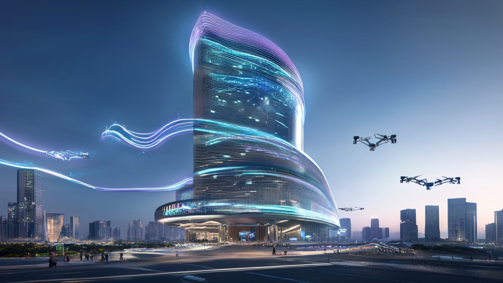AI optimized advertising control tower in a futuristic city, showcasing the power of modern advertising technology.
