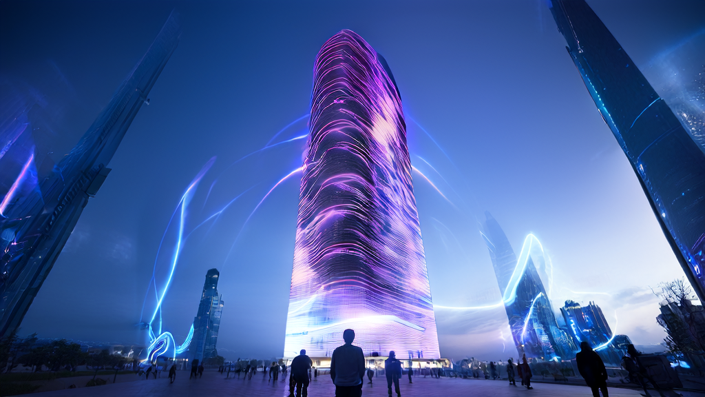 A high-tech advertising tower in a futuristic city displaying dynamic ads and interacting with pedestrians.