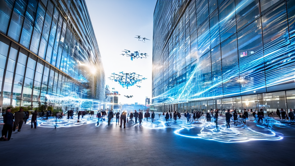 阳光下的科技园区中,数据科学家和广告营销专家正在讨论AI优化广告投放方案,屏幕上显示着实时数据和动态图表。