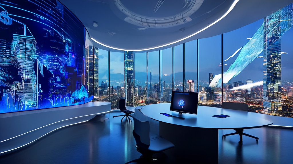 An advertising agency in a futuristic city using AI technology to precisely target audiences and reduce ad costs