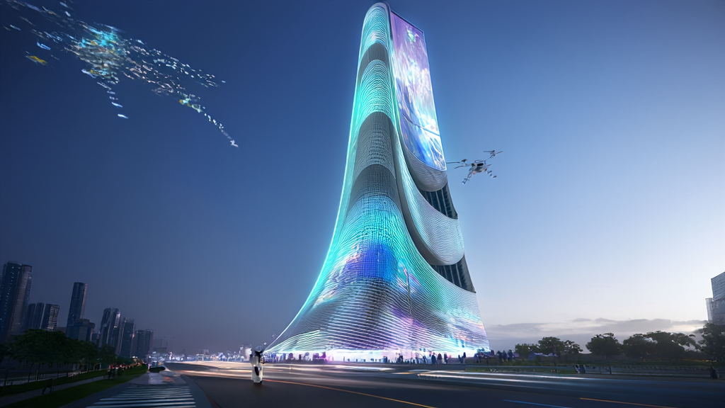 A futuristic city scene with AI-optimized advertising: an ad tower, smart vehicles, and drones delivering targeted ads to the audience