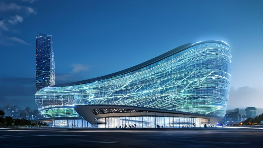 A futuristic ad control center in a city, showcasing data streams and user feedback of AI-optimized advertising, highlighting Tencent's leadership in AI architecture restructuring.