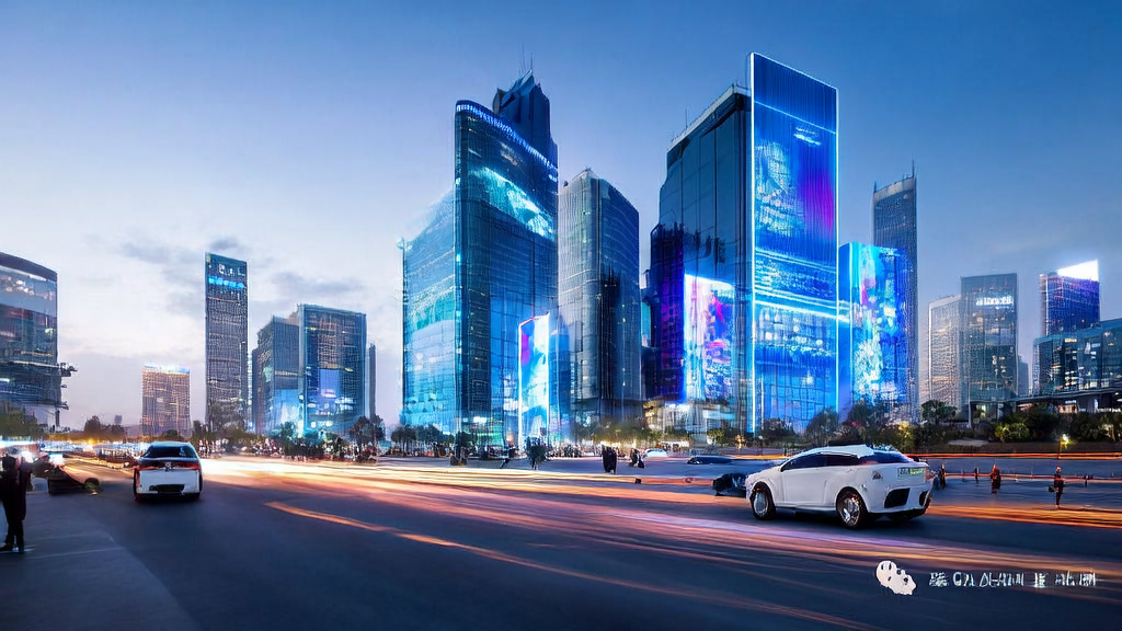 Scene of future city with AI-optimized advertising, showcasing how AI improves ad targeting and reduces CPA