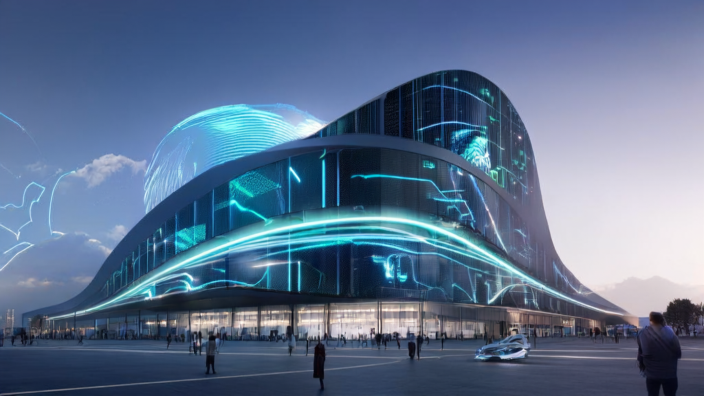 Modern data center building showcasing VolcEngine DouPao model's real-time data stream and successful AI-optimized advertising cases