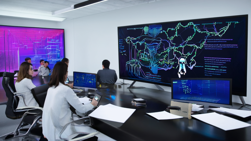 In a modern office, employees are using AI technology to optimize email marketing strategies, with an AI-enabled robot model on the table.