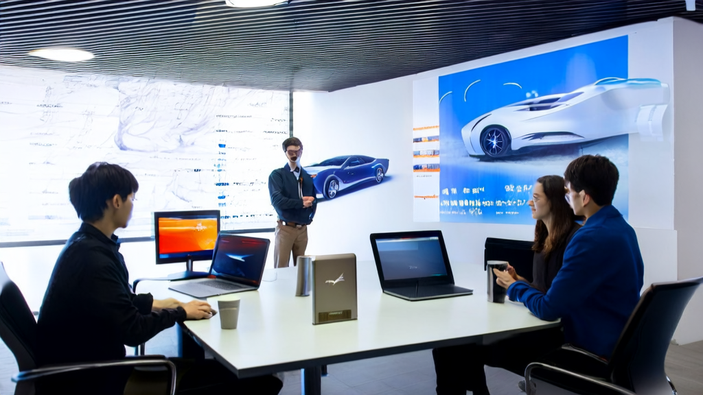 团队在办公室讨论AI优化邮件营销策略，背景为特斯拉Robotaxi无人出租车海报