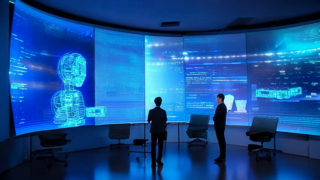 A young entrepreneur in a futuristic office uses an AI-optimized email marketing system with the help of a virtual assistant developed by Microsoft and Kimi to boost customer reply rates.