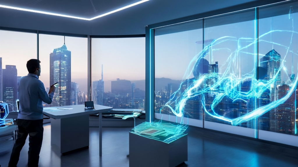 Scene of a futuristic office using AI to optimize email marketing and boost reply rates