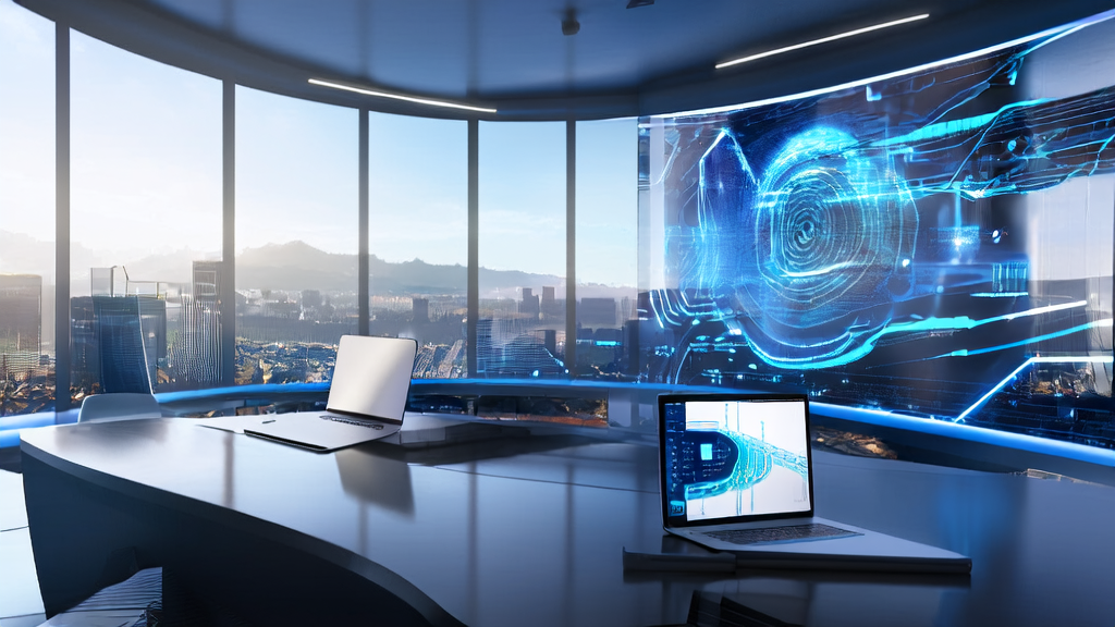 未来科技办公室内，智能机器人助手和AI优化的邮件营销界面共同工作，推动跨境电商增长