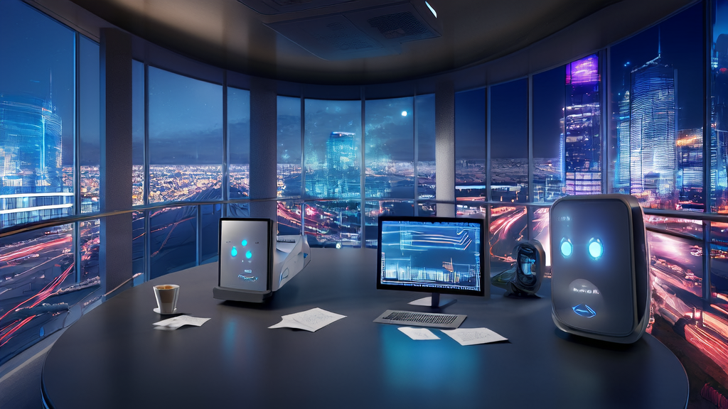 A futuristic office showcasing the process and tools of AI-optimized email marketing, with Lenovo's AI Super Intelligence enhancing cross-border e-commerce customer acquisition.