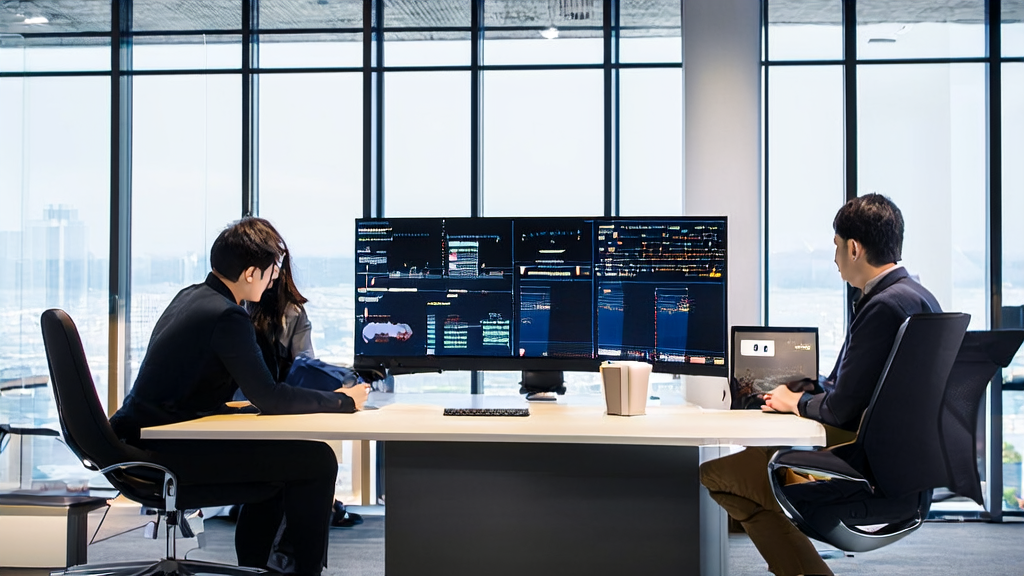 Modern office where employees are discussing AI-optimized email marketing strategies, with a large screen displaying global market data in the background