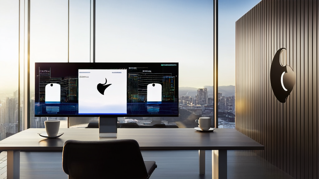 阳光下的现代化办公室，创业者使用AI优化的邮件营销平台，背景墙上有苹果公司标志，桌上放有热咖啡和市场分析报告。