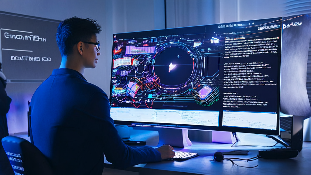 In a futuristic office, a cross-border e-commerce entrepreneur analyzes customer data using AI-optimized email marketing tools