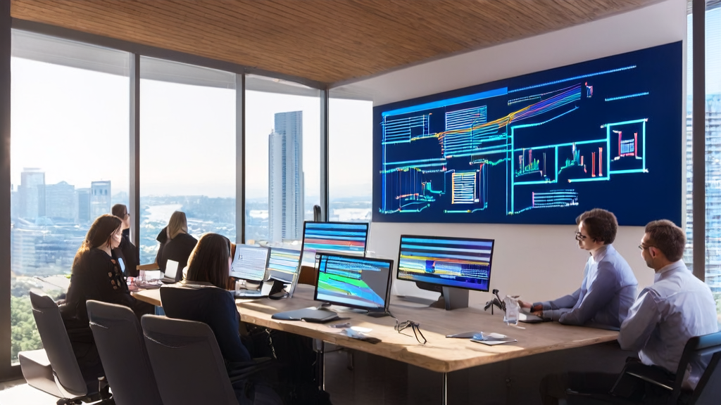 Team discussing AI-optimized email marketing strategies in a modern office, with the Tencent Hunyuan-A13B model displayed on the screen