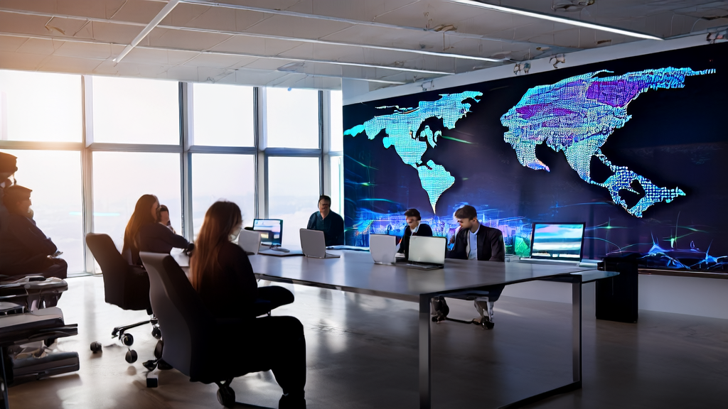 A modern office where a team discusses AI-optimized email marketing strategies, with sunlight streaming through large windows and a background wall displaying a global customer distribution map.