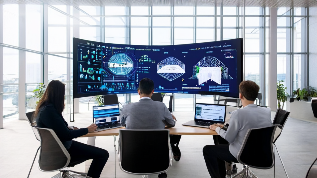 In a modern office, team members are discussing AI-optimized email marketing strategies, with the background showing data charts of Alibaba's newly released multimodal AI model HumanOmniV2.