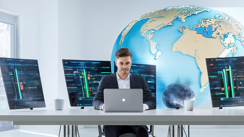 A young entrepreneur in a high-tech office using AI-optimized email marketing strategies to enhance global client acquisition efficiency