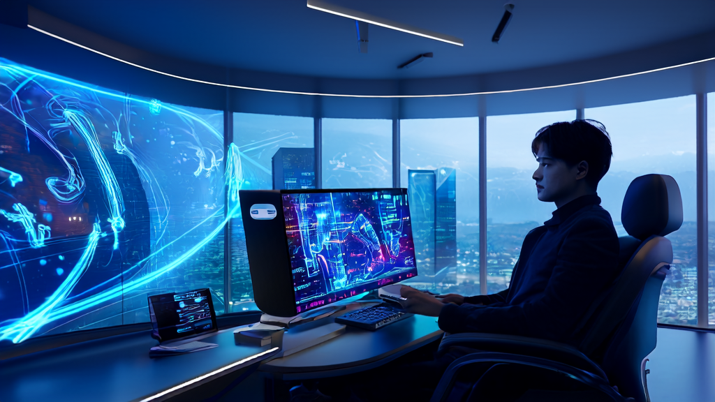 电商运营经理在充满科技感的办公室中分析AI优化的邮件营销数据,背景为繁华的城市夜景。