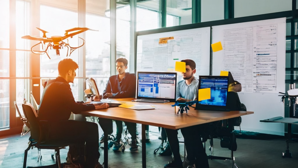 在阳光照射下的现代化办公室里，几位创业者正在讨论AI优化邮件营销策略以提高跨境电商获客效率。