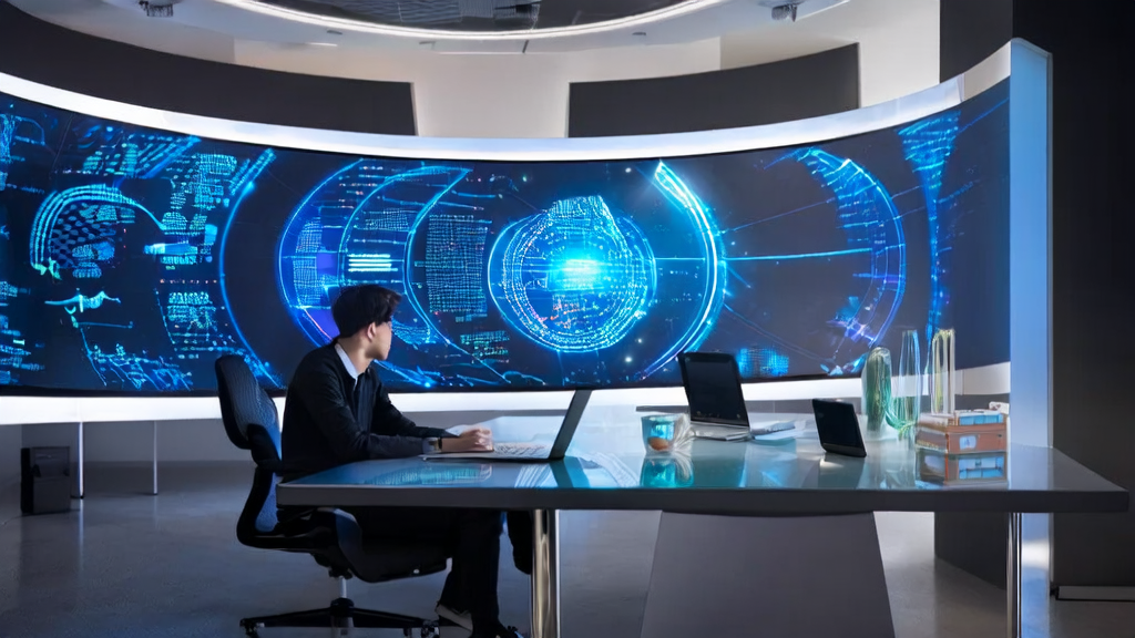 一位创业者在充满现代感的办公室中利用AI优化邮件营销策略，背景墙上显示全球市场数据