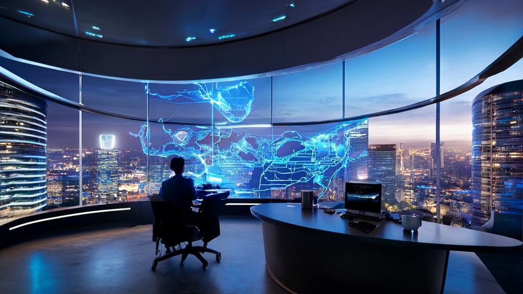 未来办公室中，一位商务人士正在查看AI优化邮件营销的数据和趋势，背景是繁华的城市夜景。