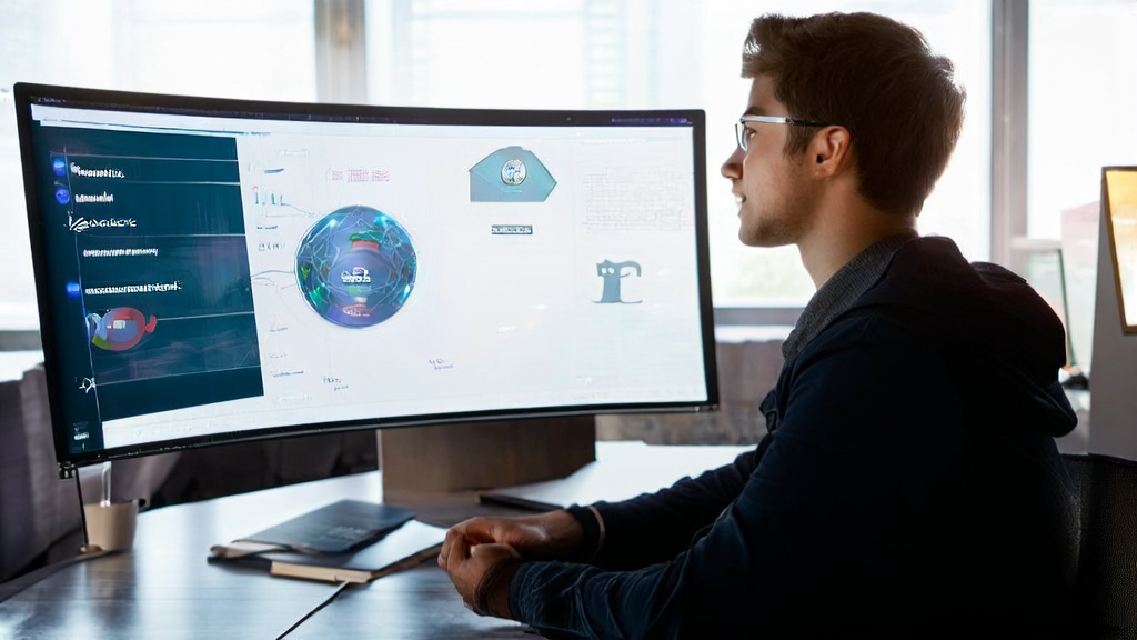 A young entrepreneur in a modern office using an AI-optimized email marketing platform to enhance customer reach and conversion rates.