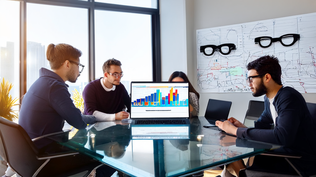 Entrepreneurs discussing AI-optimized email marketing strategies in an office with a ByteDance Pico lightweight MR glasses poster on the wall
